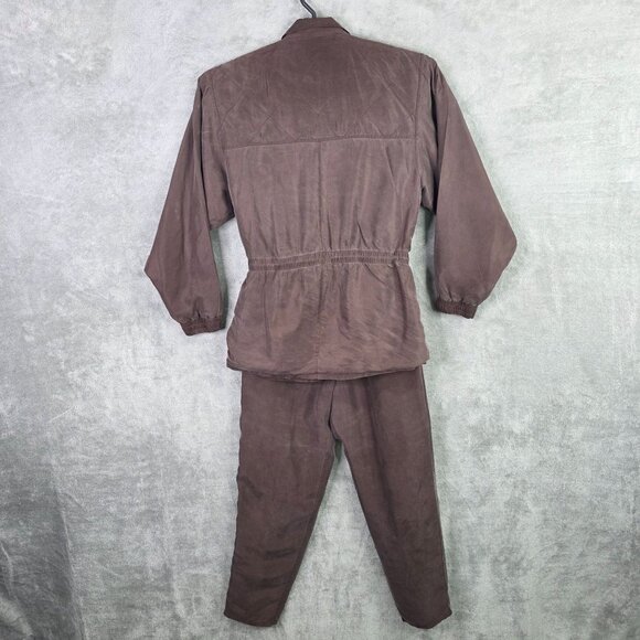 Womens Vintage Outbrook Brown 100% Silk 2 Piece Jacket & Pant Set Outfit Size S - Picture 4 of 14